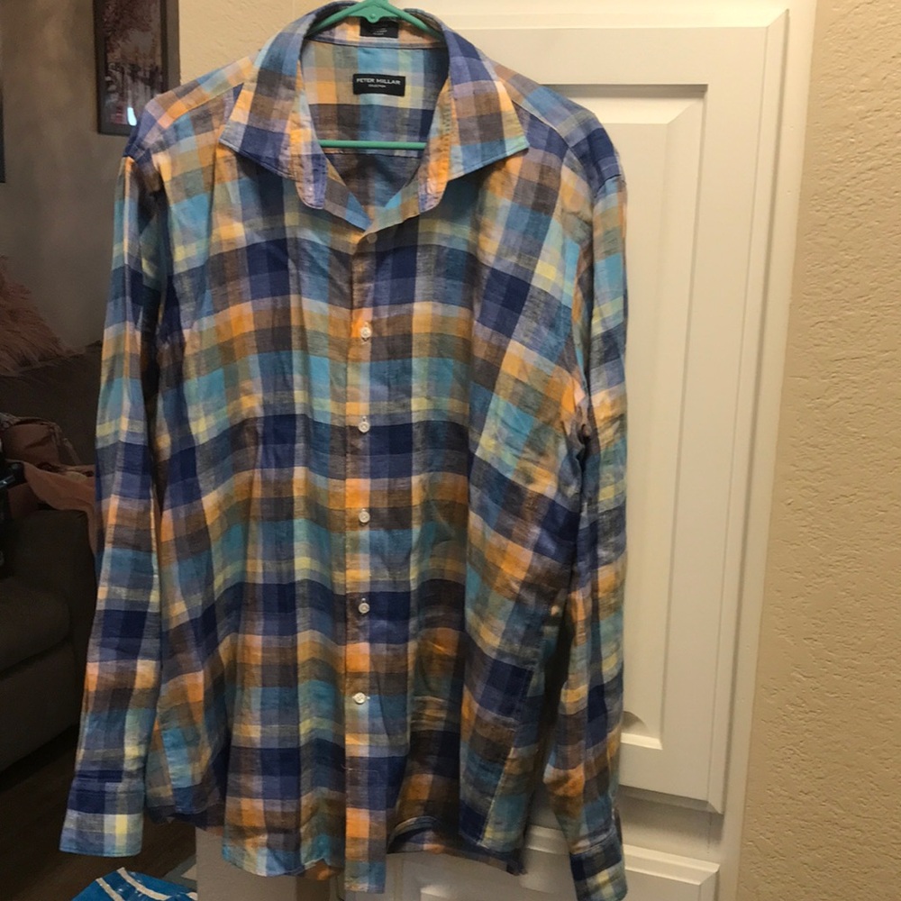 Mens Peter Millar collection 100% linen plaid button down shirt